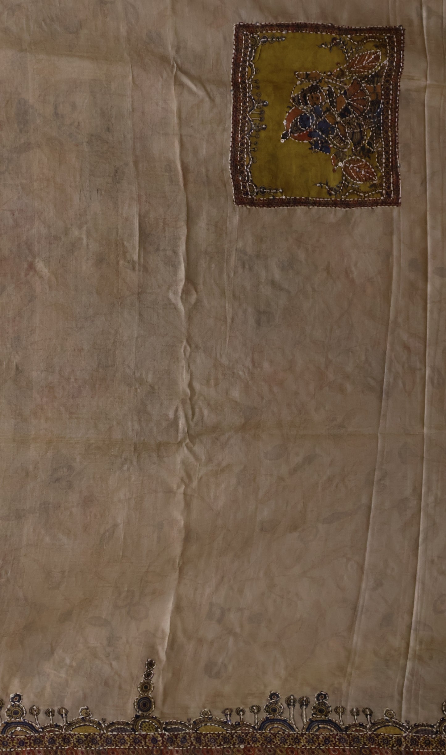 Pure Tussar Saree-Mustard Chakram Mirror With Kantha Work