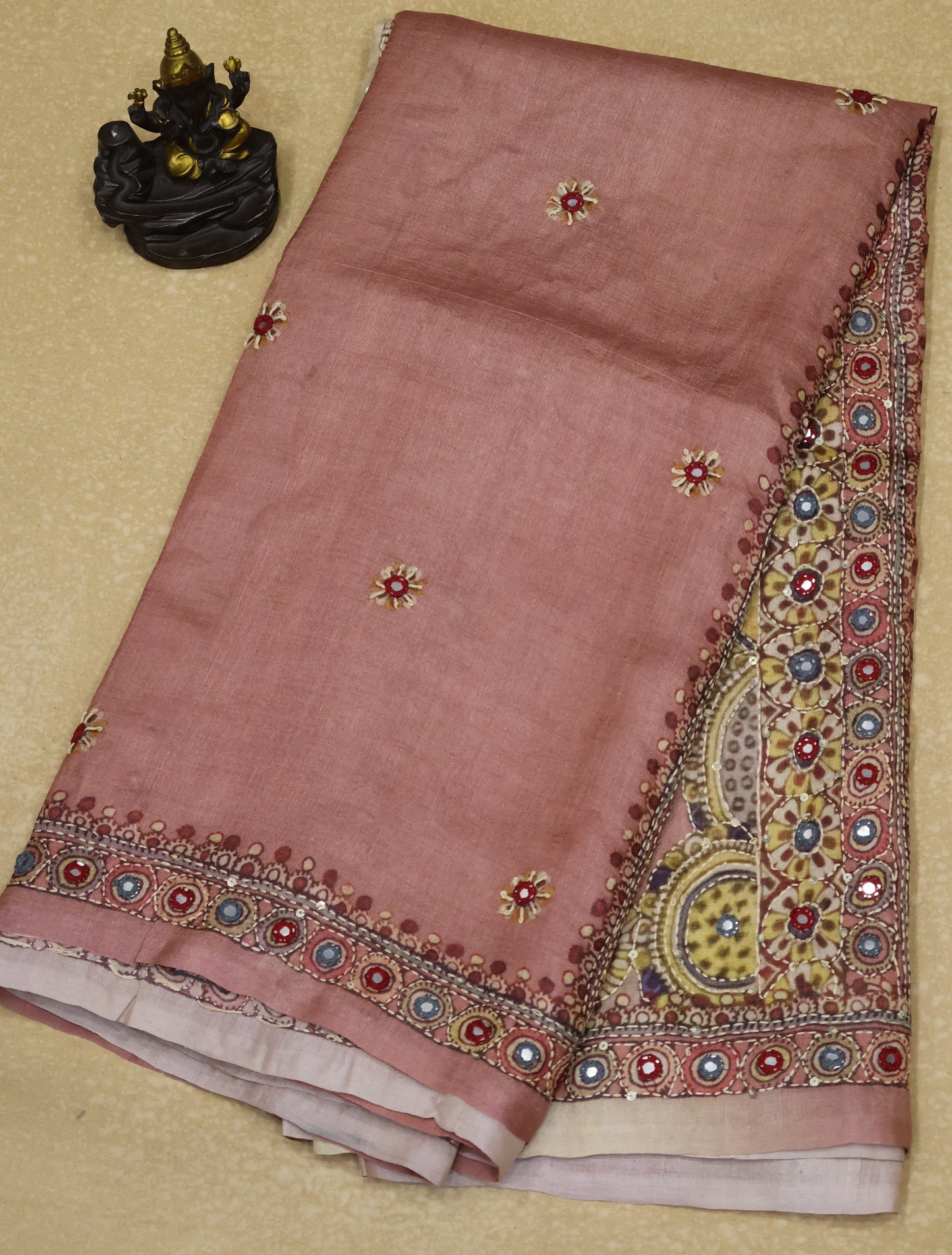 Pure Tussar Saree-Rose Chakram Mirror With Kantha Work