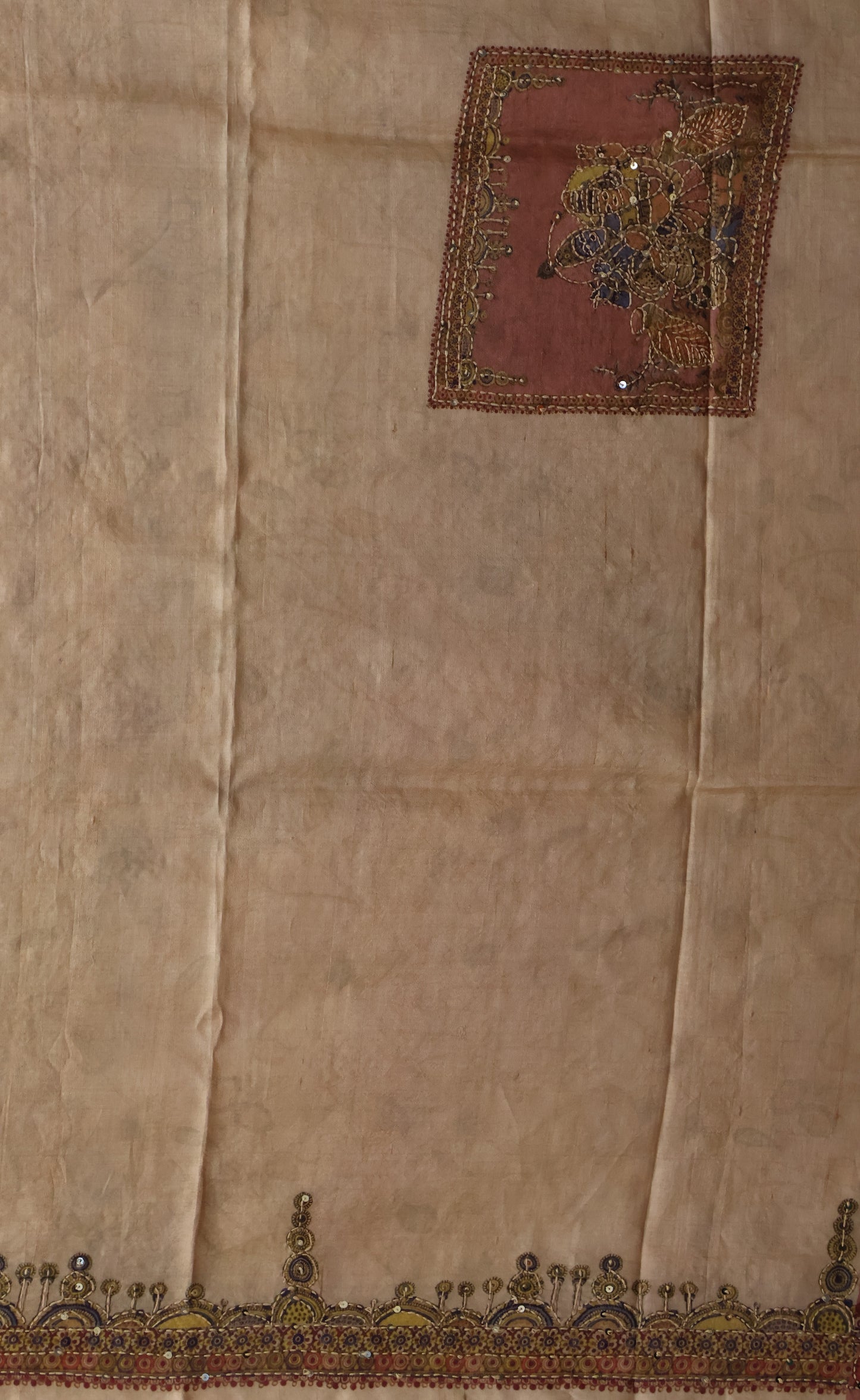 Pure Tussar Saree-Rose Chakram Mirror With Kantha Work