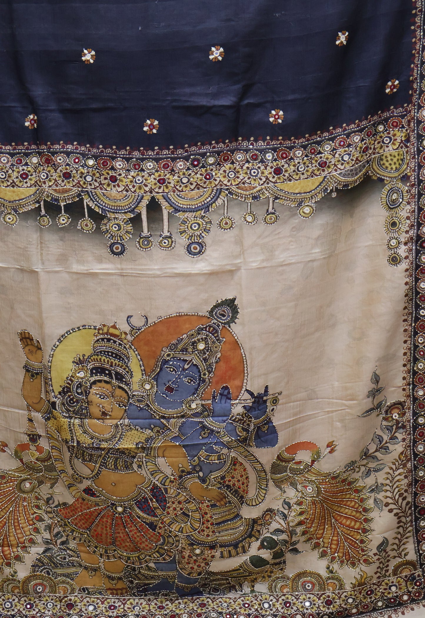 Pure Tussar Saree-Black Chakram Mirror With Kantha Work