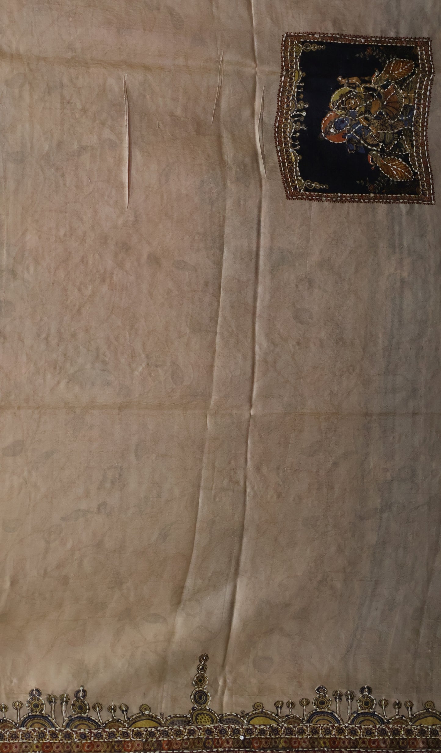 Pure Tussar Saree-Black Chakram Mirror With Kantha Work