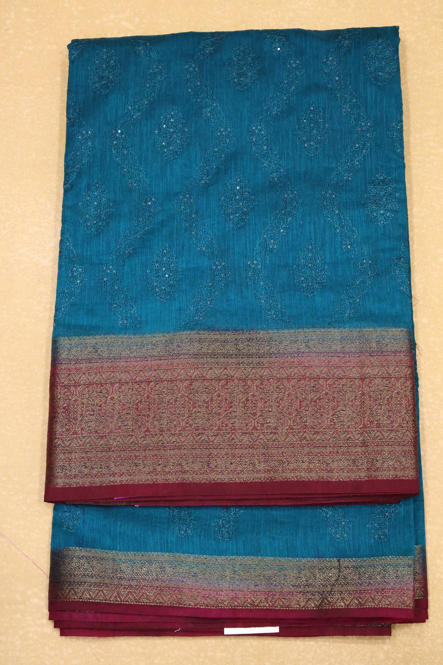 Bamboo Silk Saree-Peacock Blue Sequence Work
