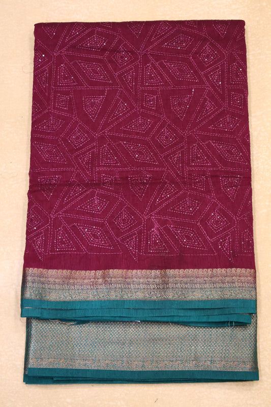 Bamboo Silk Saree-Wine Geometric