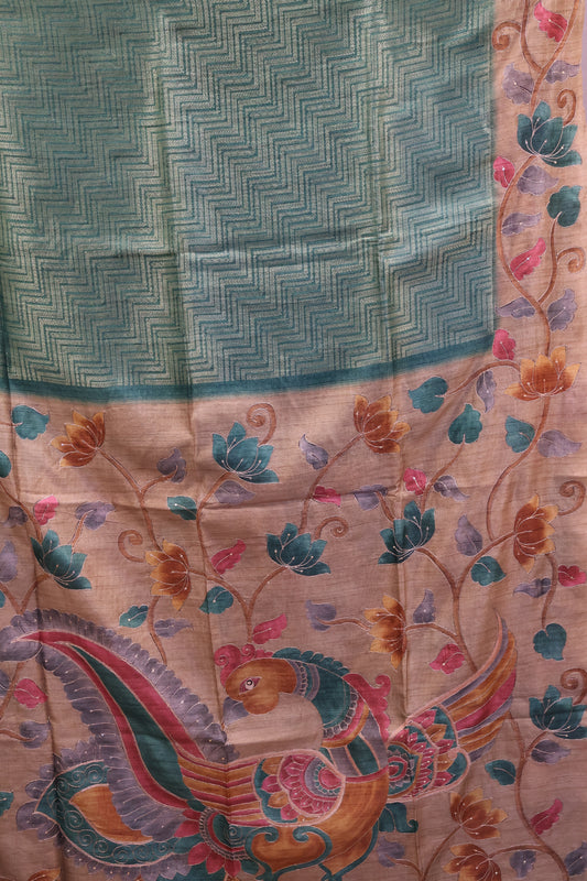 Fushion Kanjivaram Silk Saree- Green Zig Zag Zari
