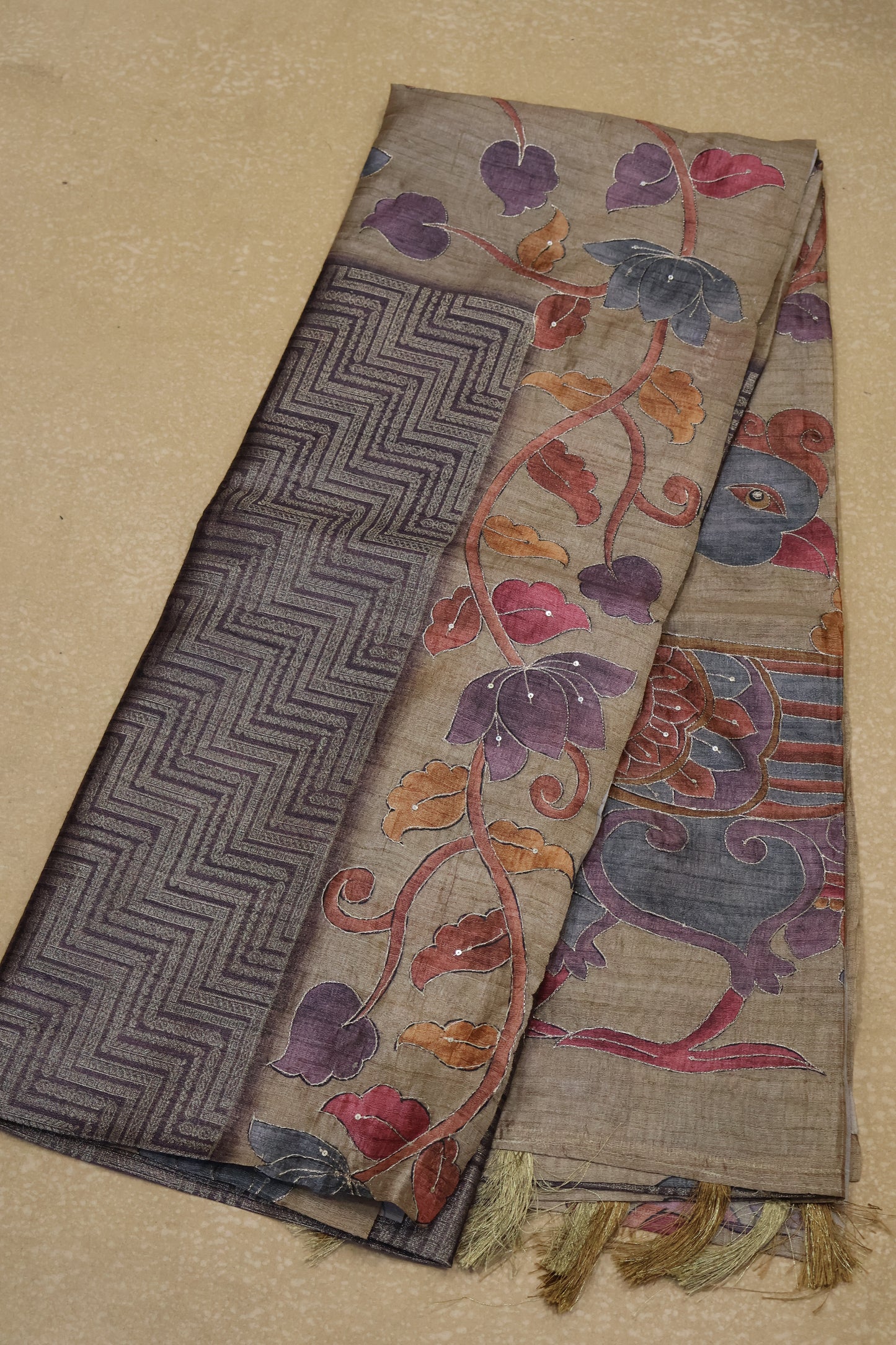 Fushion Kanjivaram Silk Saree-Wine Zig Zag Work