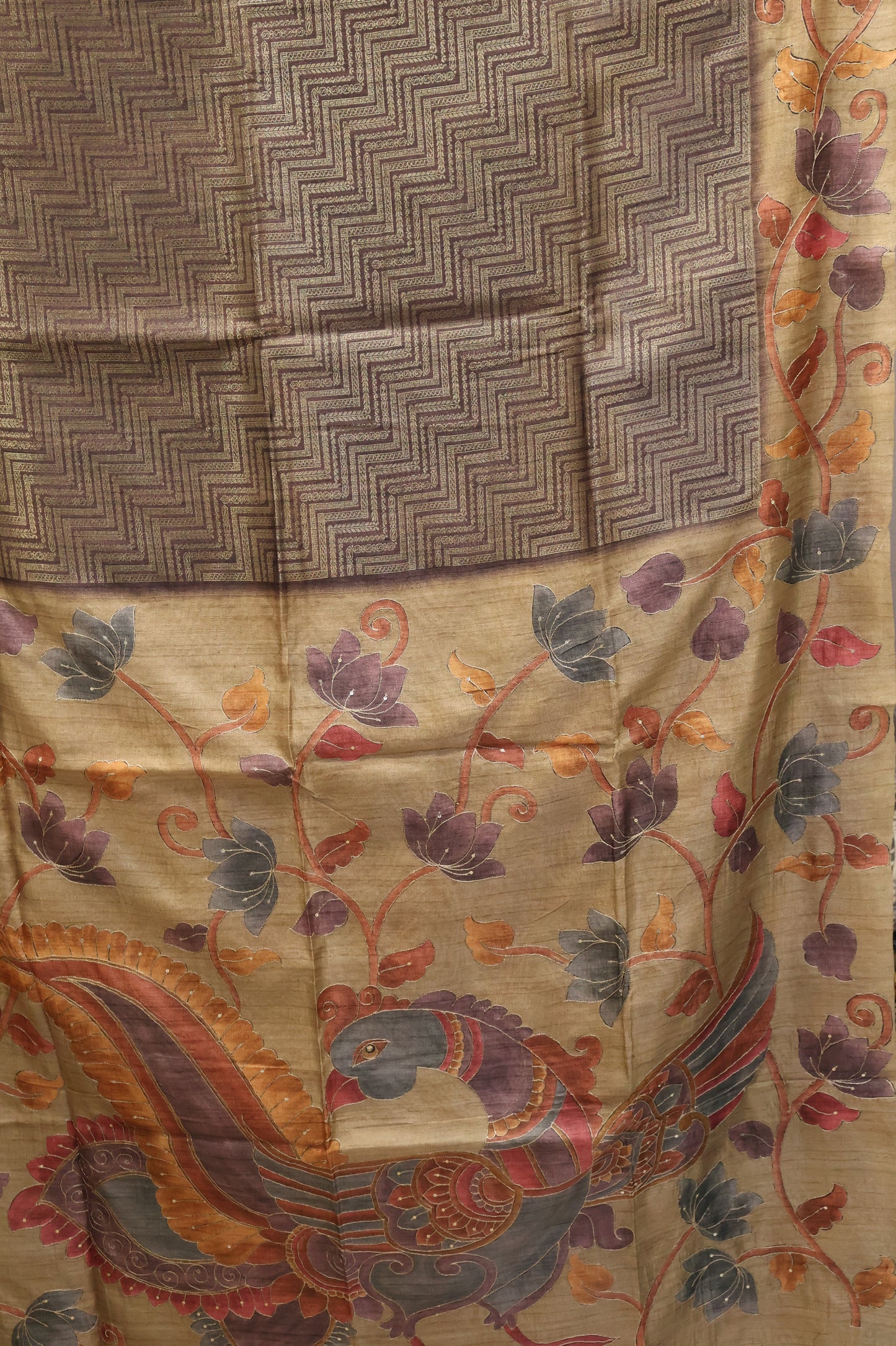 Fushion Kanjivaram Silk Saree-Wine Zig Zag Work