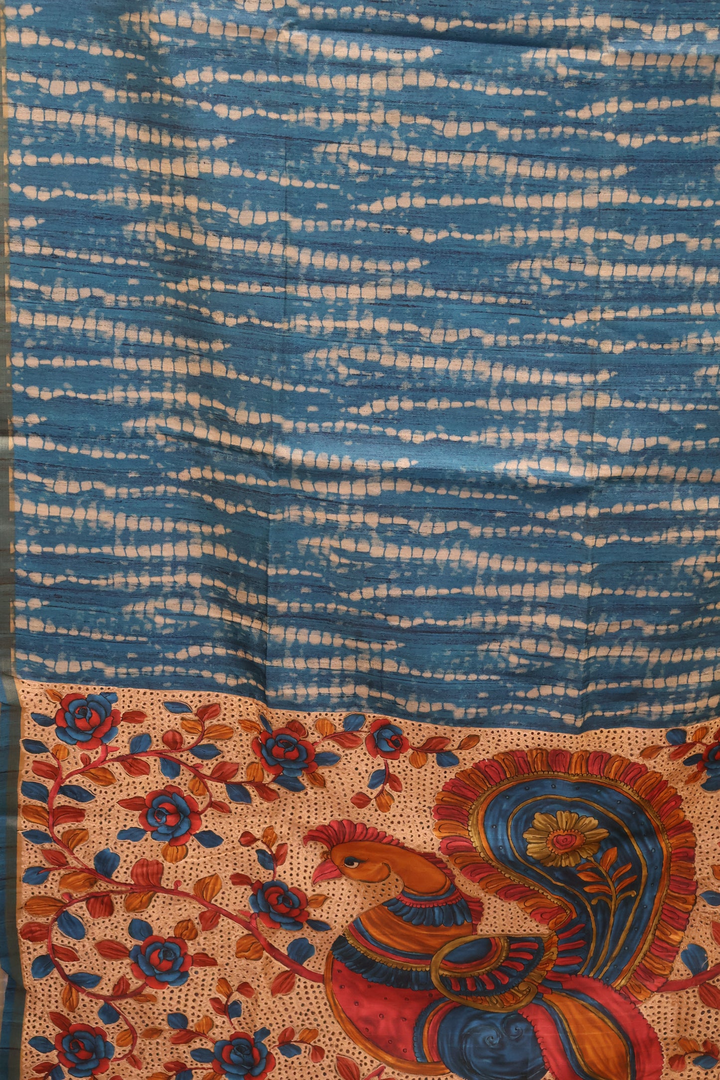Semi Tussar Saree - Blue Lehariya Cutwork