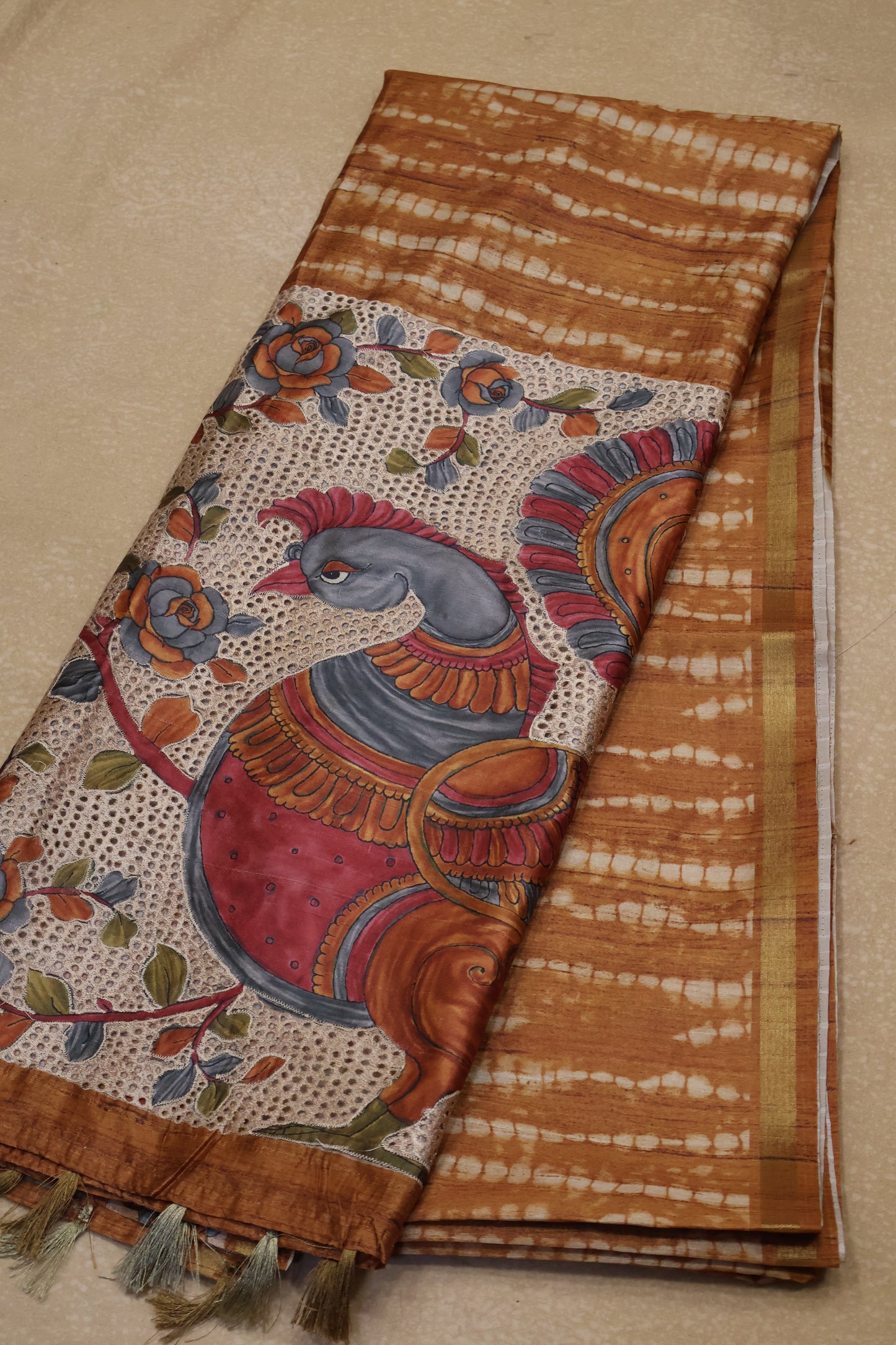 Semi Tussar Saree - Mustard Lehariya Cutwork