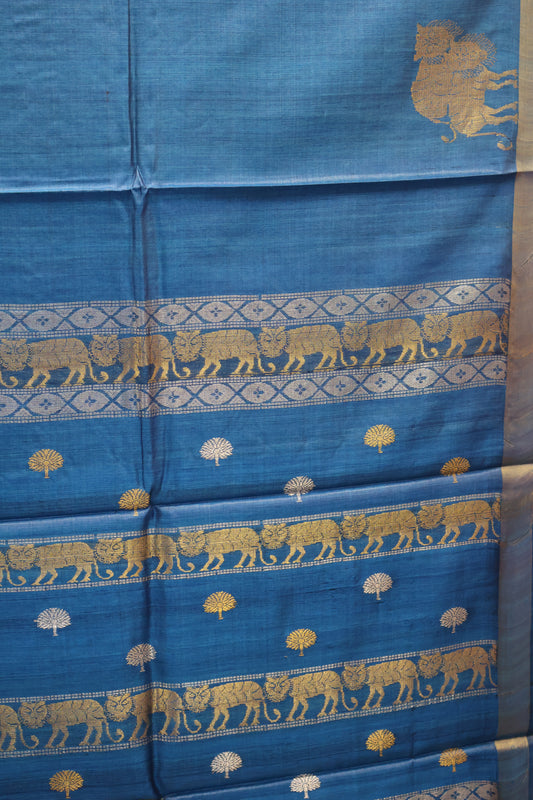 Pure Tussar Saree - Blue Cheetah Zari