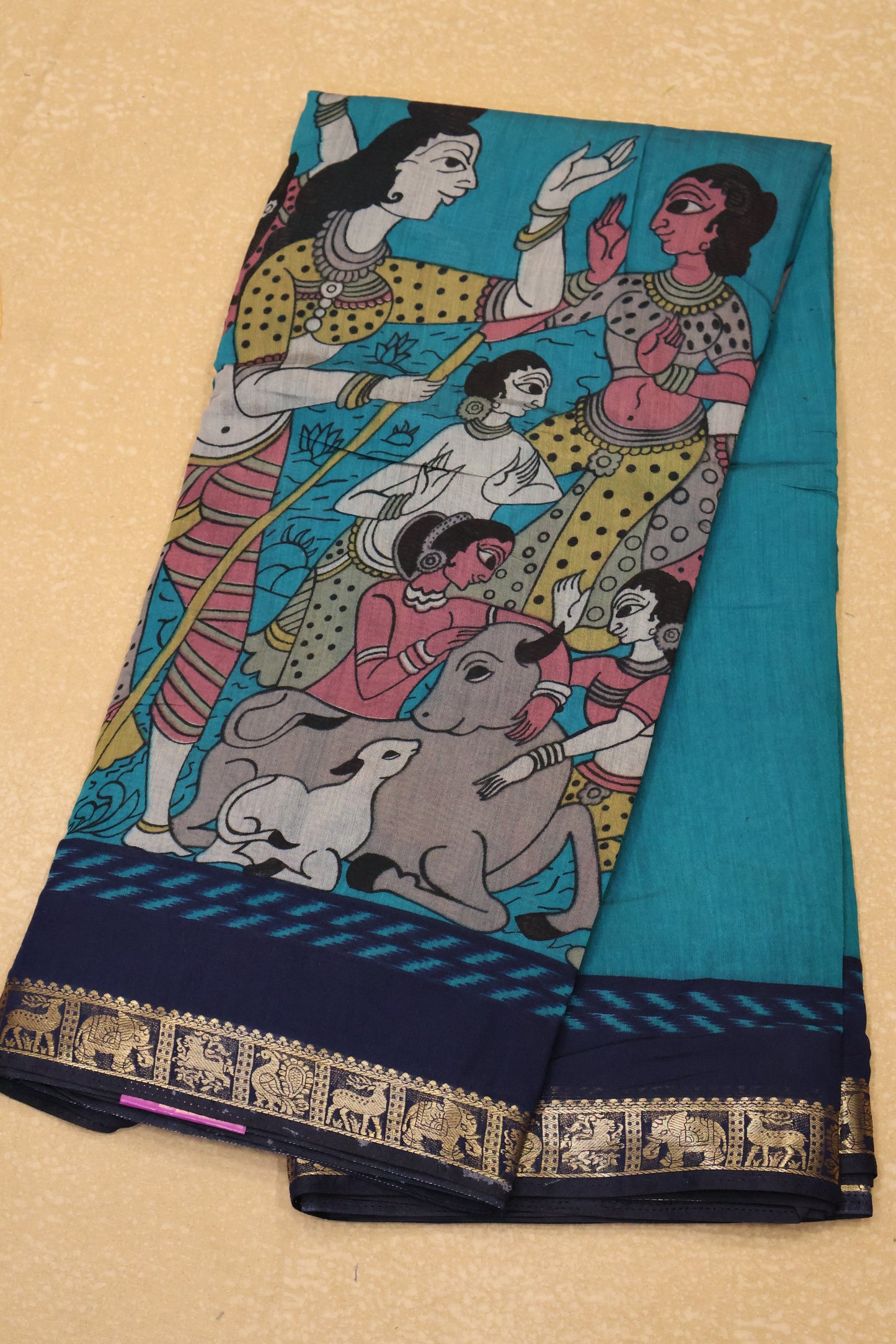 Malai Cotton Saree-Peacock Green Pichwai Print