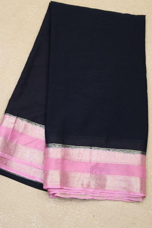 Semi Mysore Silk Saree-Black Pink Double Pattern