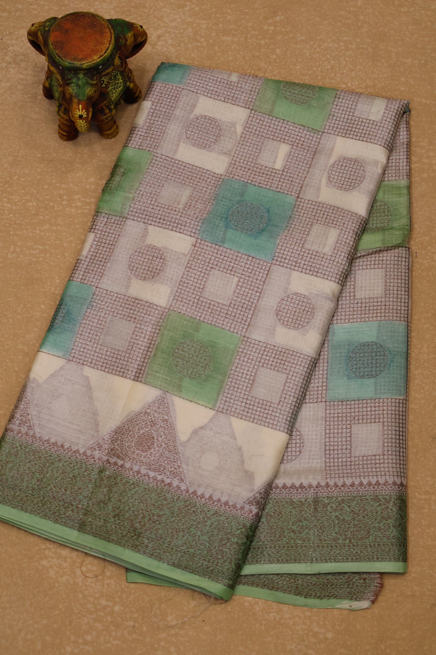 Pure Tussar Saree - Green Triangle With Checked Pattern