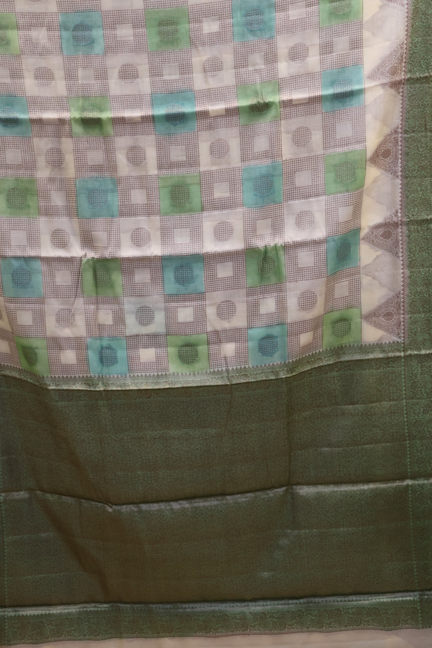 Pure Tussar Saree - Green Triangle With Checked Pattern
