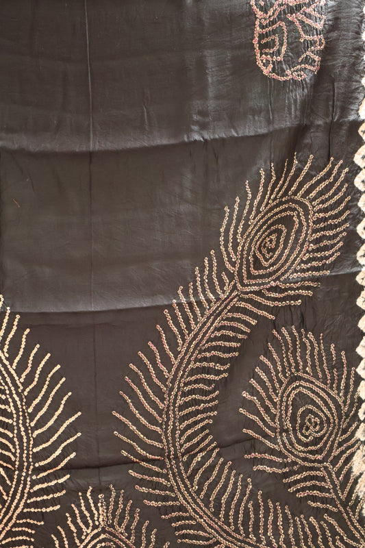 Pure Banarasi Saree Crushed - Black Elephant Print
