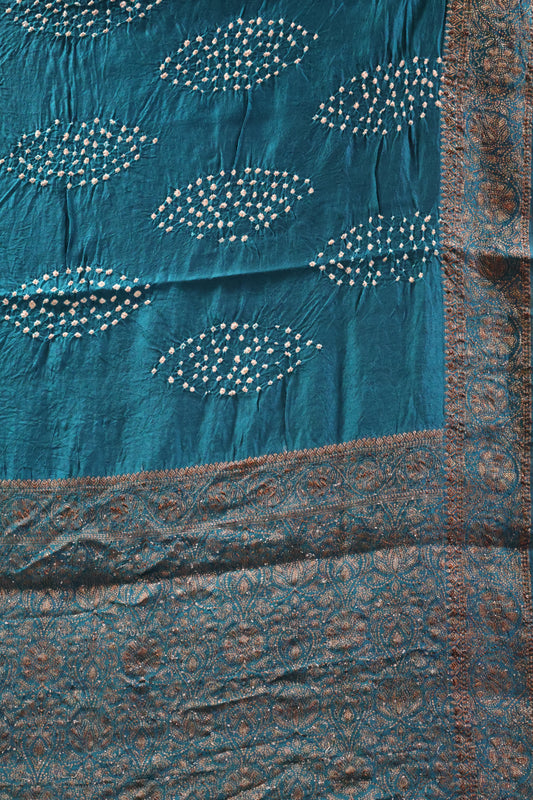 Pure Banarasi Saree Crushed -Peacock Blue Oval Pattern