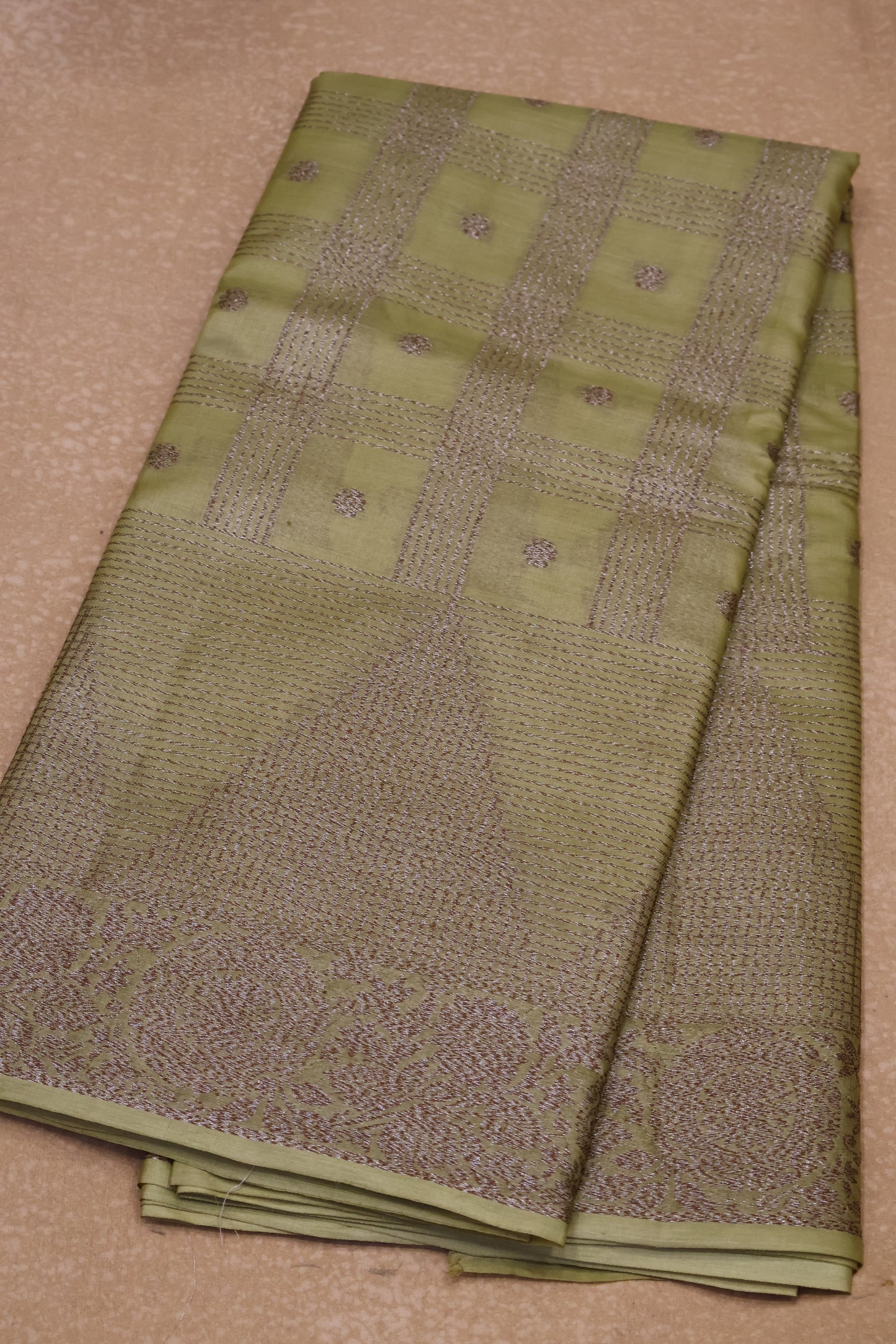 Pure Tussar Saree - Lite Olive Green Checks