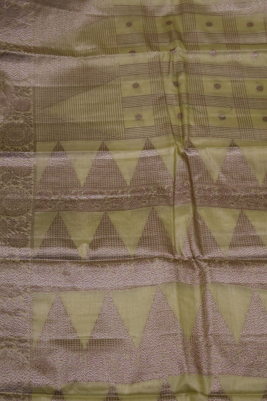 Pure Tussar Saree - Lite Olive Green Checks