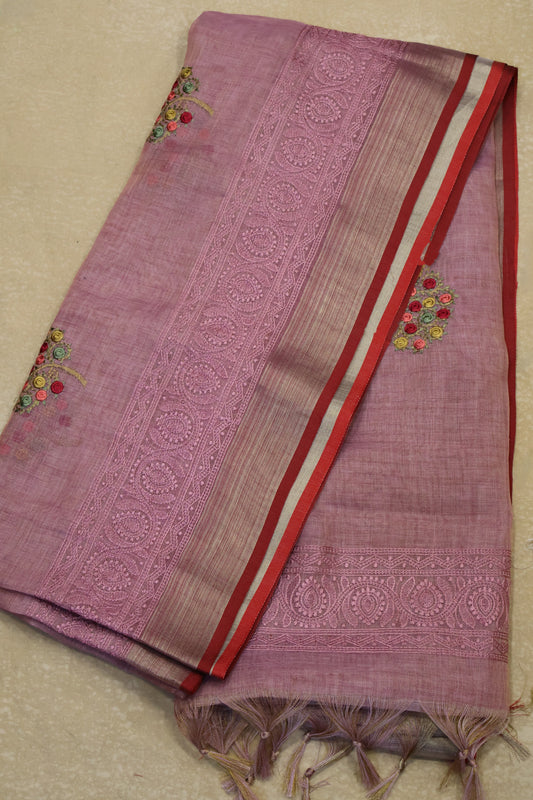 Tissue Kota Saree - Pink Rose Plant Embroidery Work