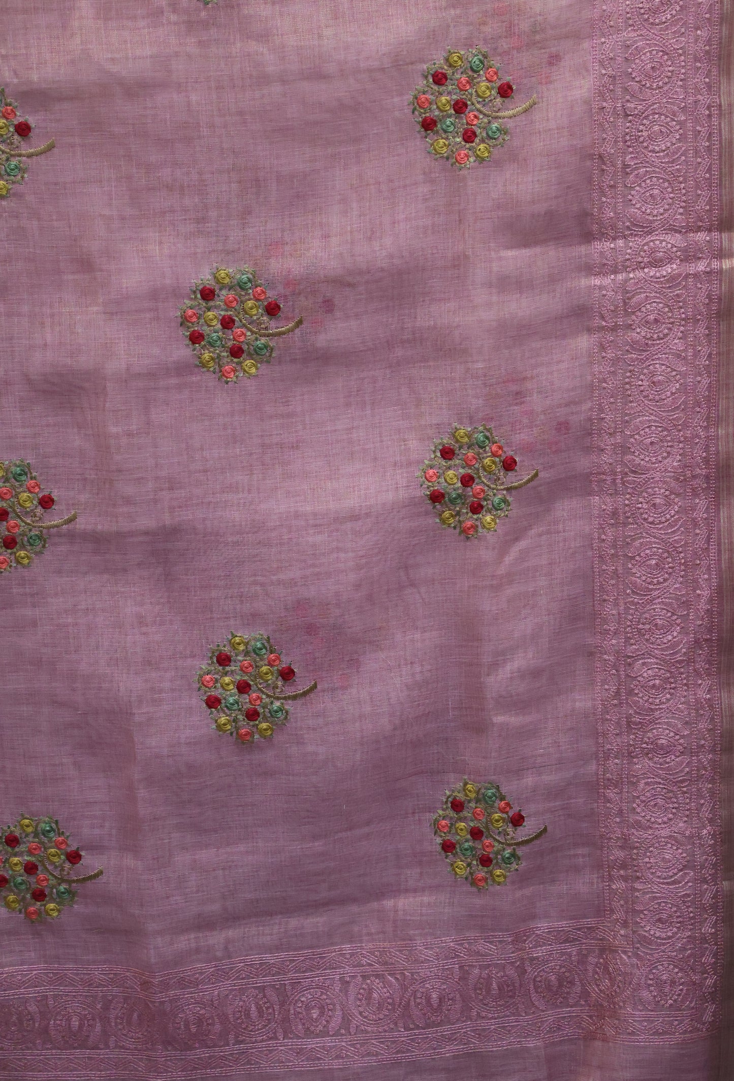 Tissue Kota Saree - Pink Rose Plant Embroidery Work