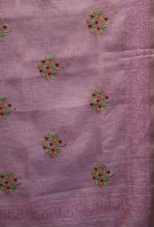 Tissue Kota Saree - Pink Rose Plant Embroidery Work
