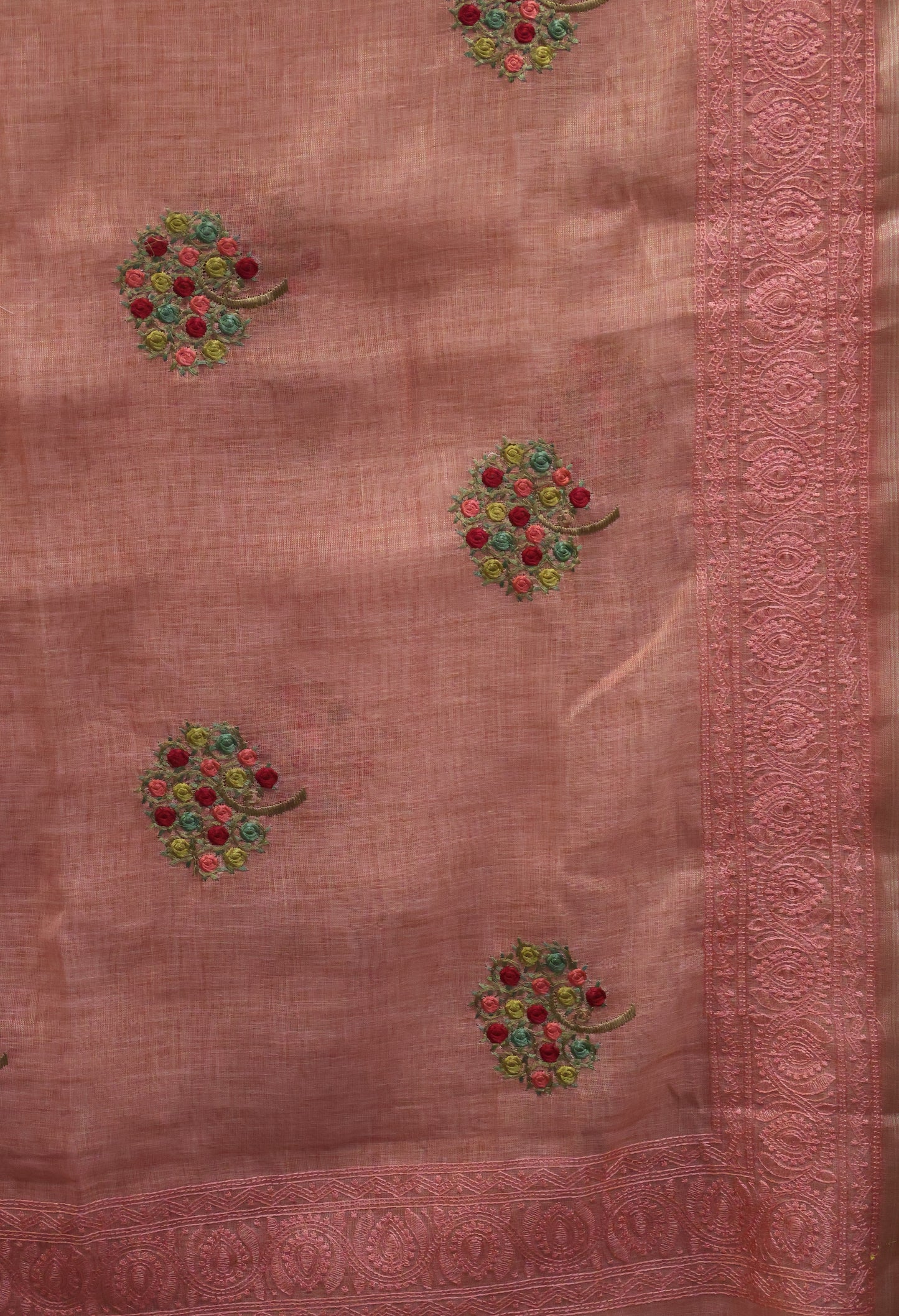 Tissue Kota Saree - Lite Red Rose Plant Embroidery Work