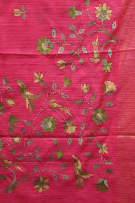 Semi Raw Silk Saree -Pink Parrot Tissue