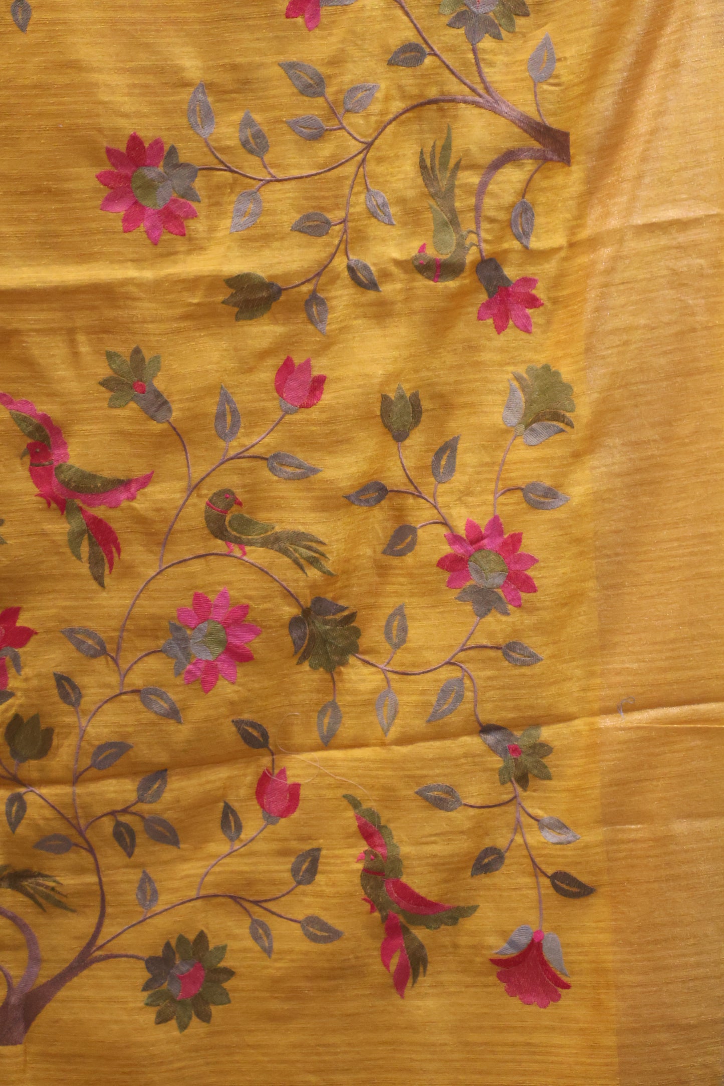 Semi Raw Silk Saree -Yellow Parrot Tissue