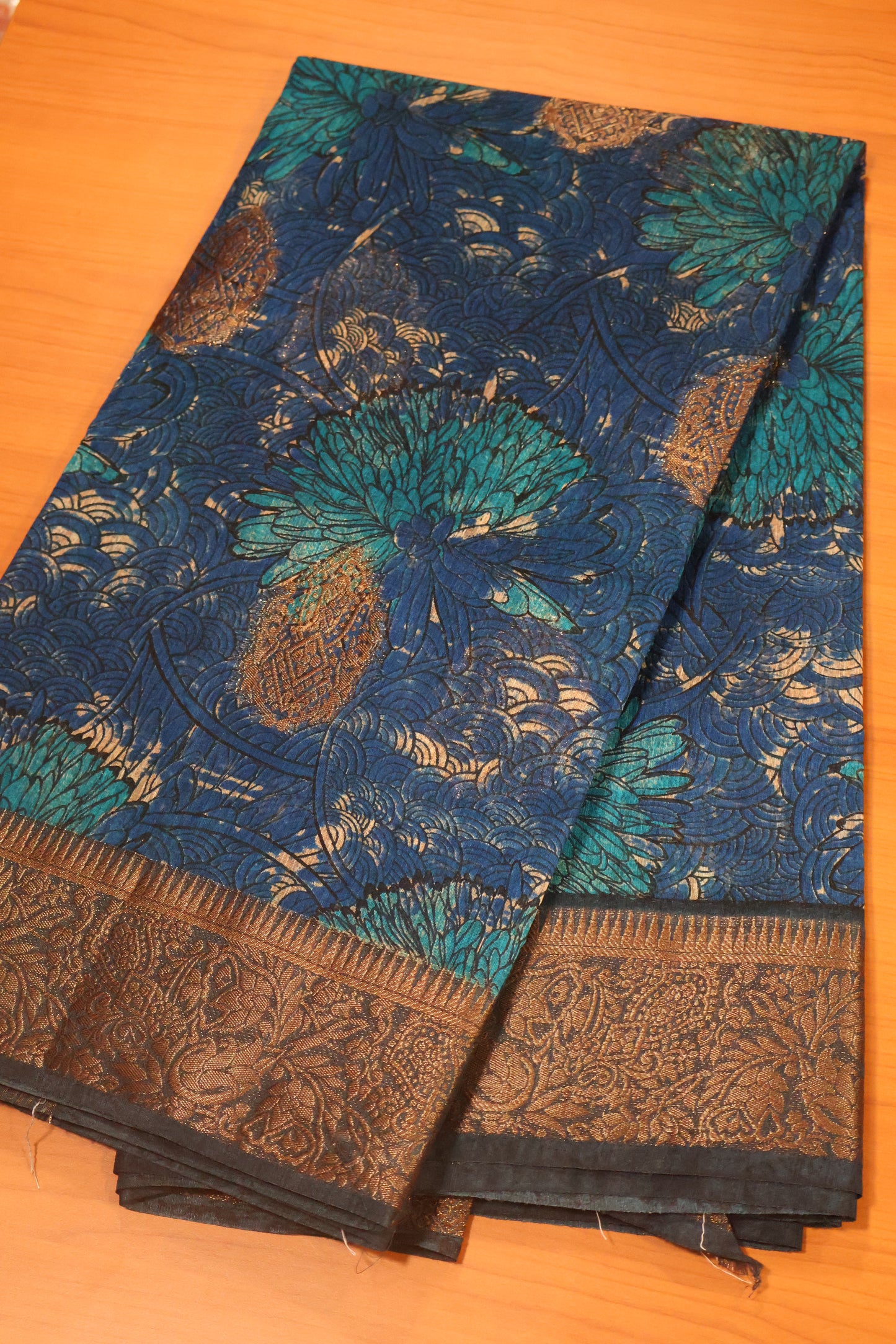 Printed Bamboo Silk Saree-Peacock Blue