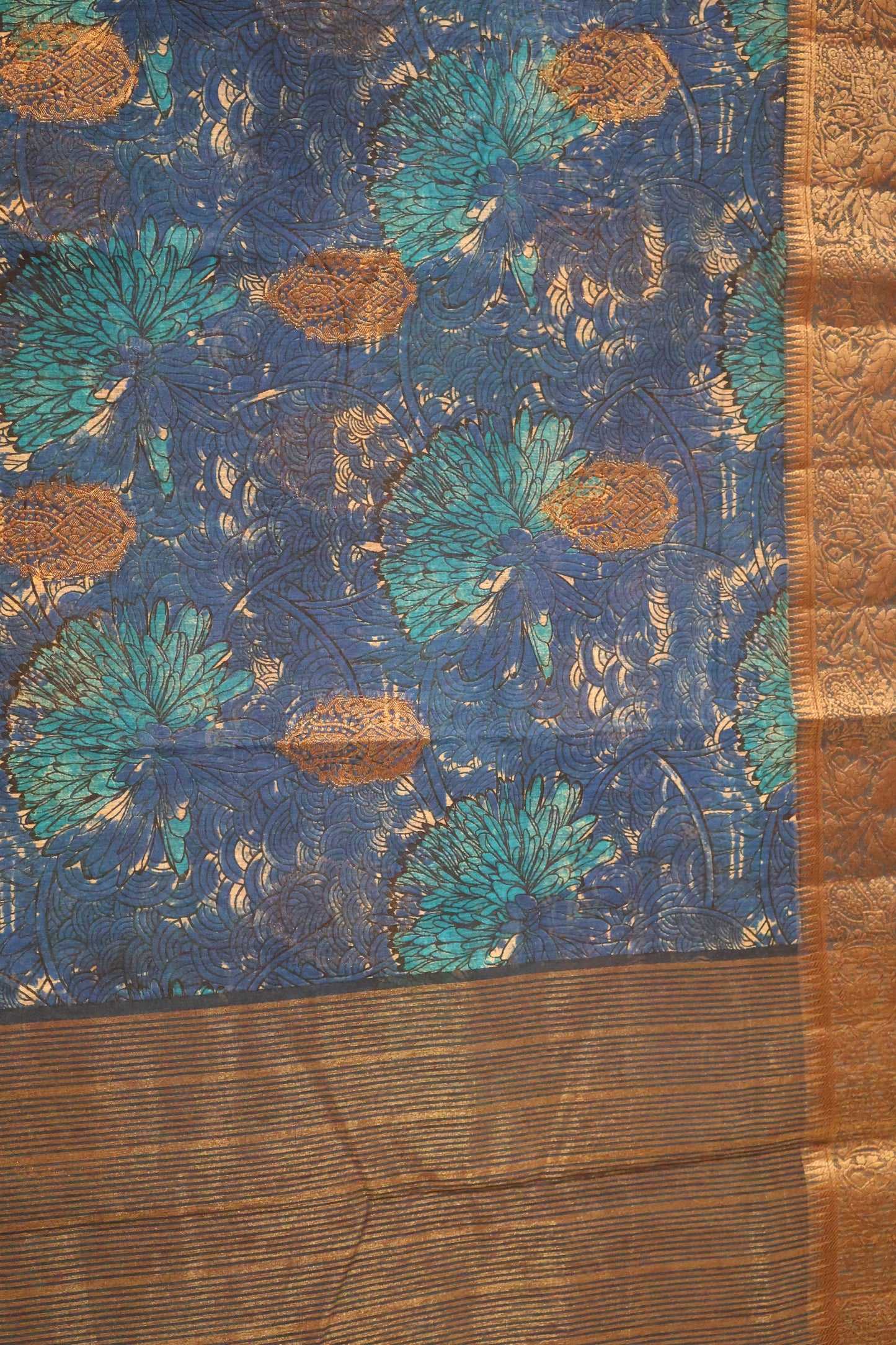Printed Bamboo Silk Saree-Peacock Blue