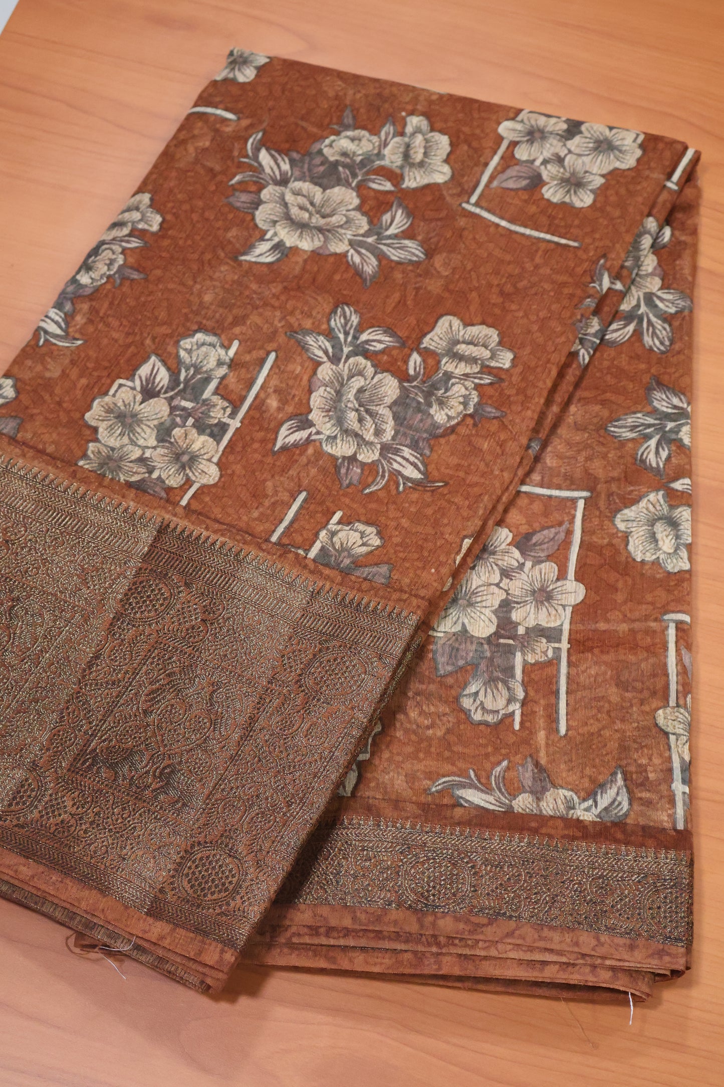 Printed Bamboo Silk Saree-Brown Floral Print