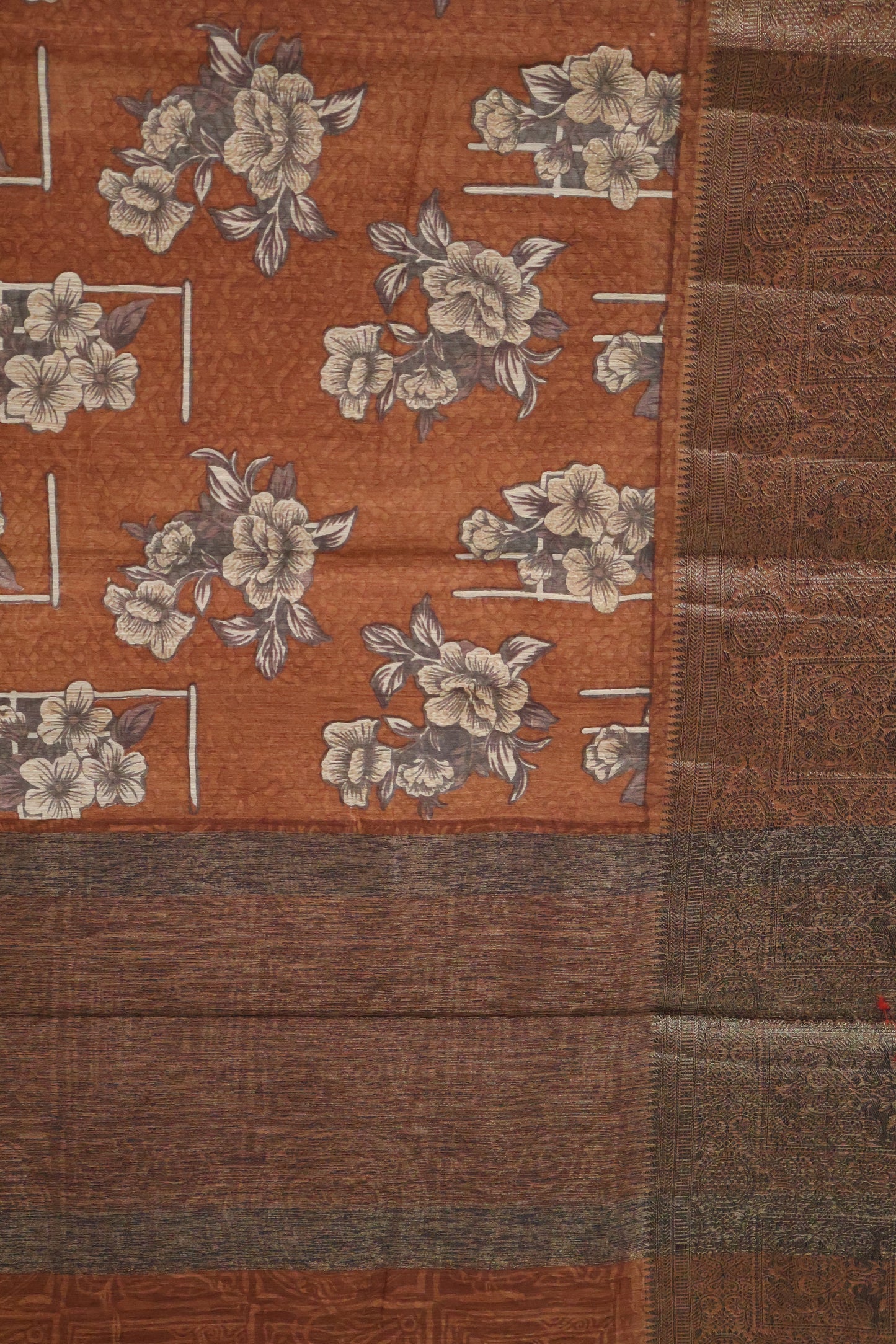 Printed Bamboo Silk Saree-Brown Floral Print