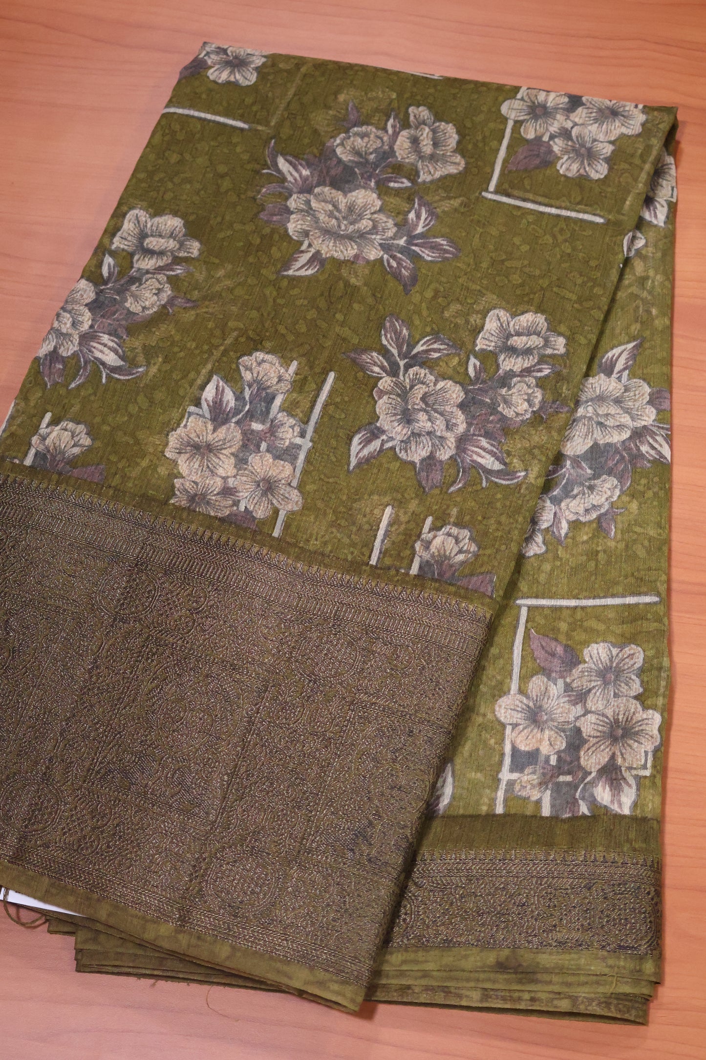 Printed Bamboo Silk Saree-Sage Green Floral Print