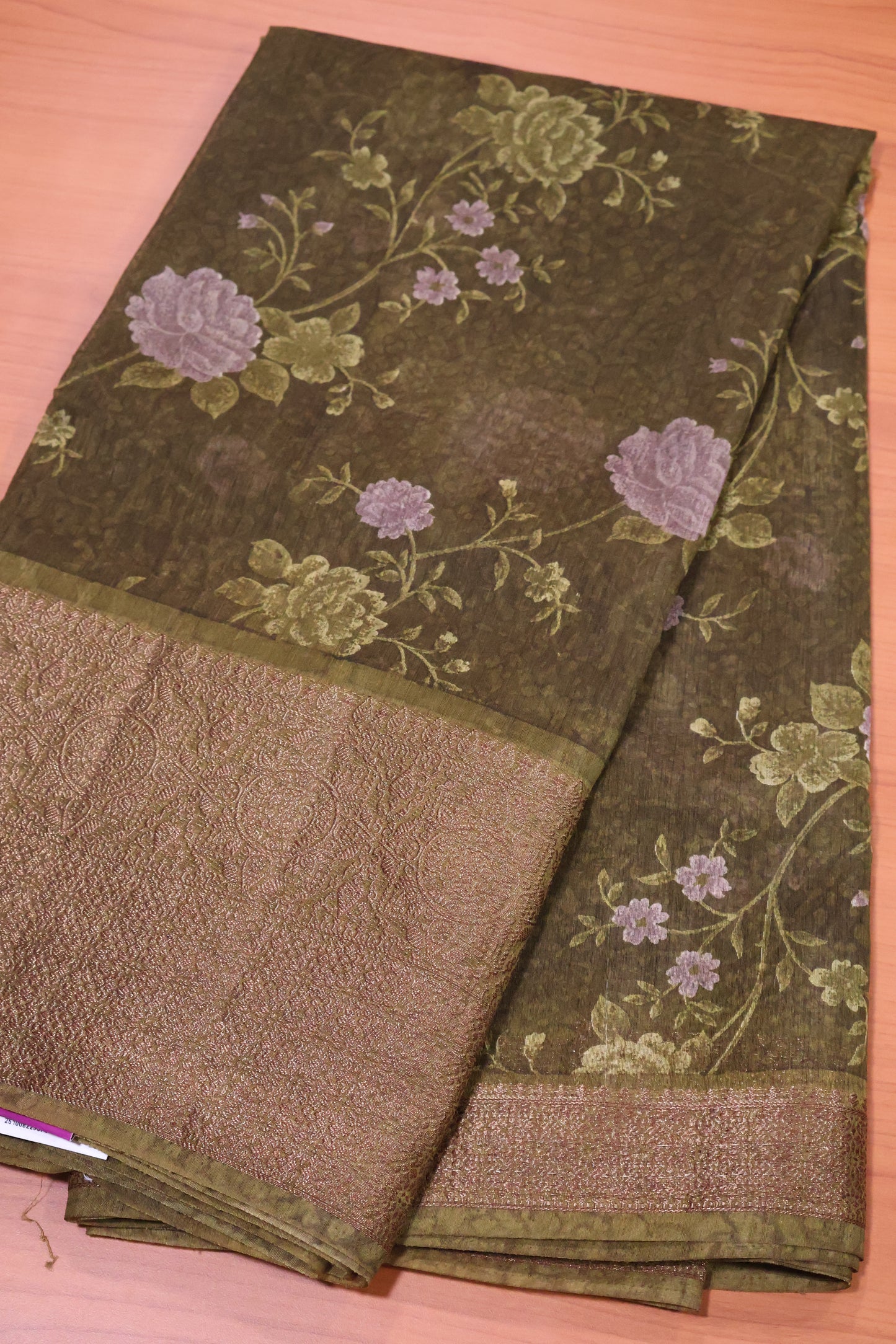 Printed Bamboo Silk Saree-Sage Green