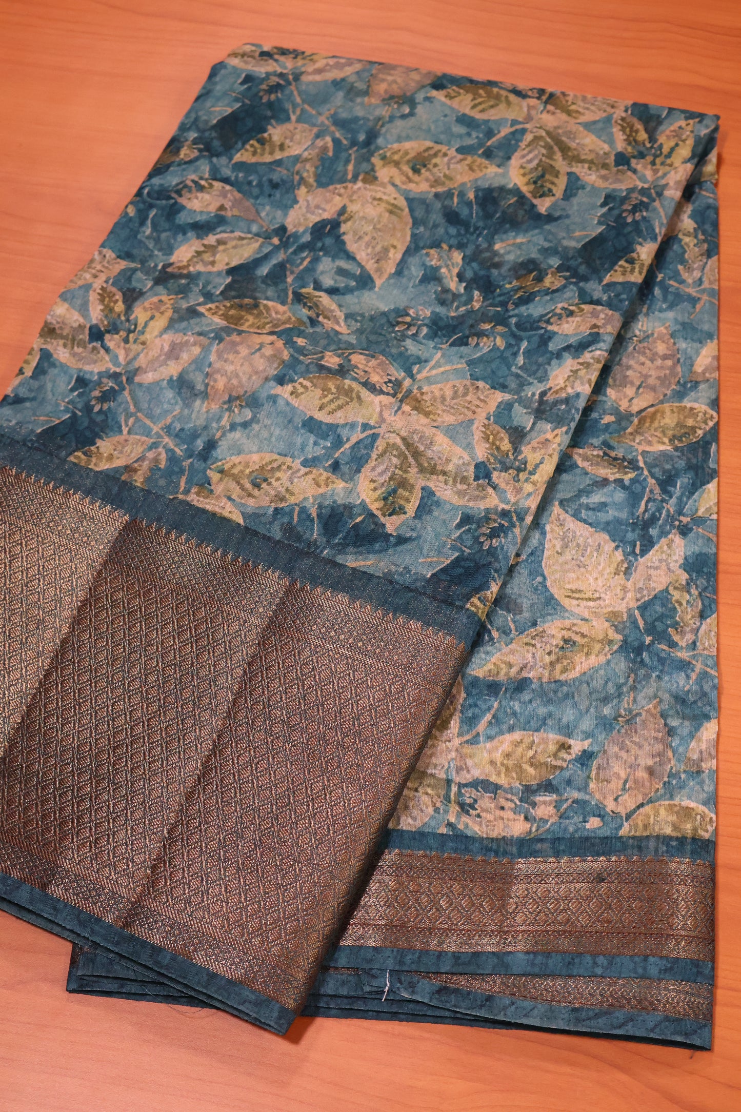 Printed Bamboo Silk Saree-Peacock Green