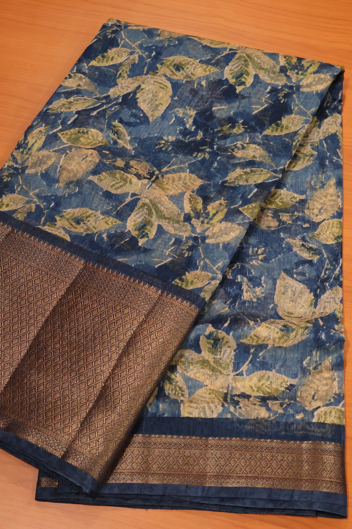 Printed Bamboo Silk Saree-Blue