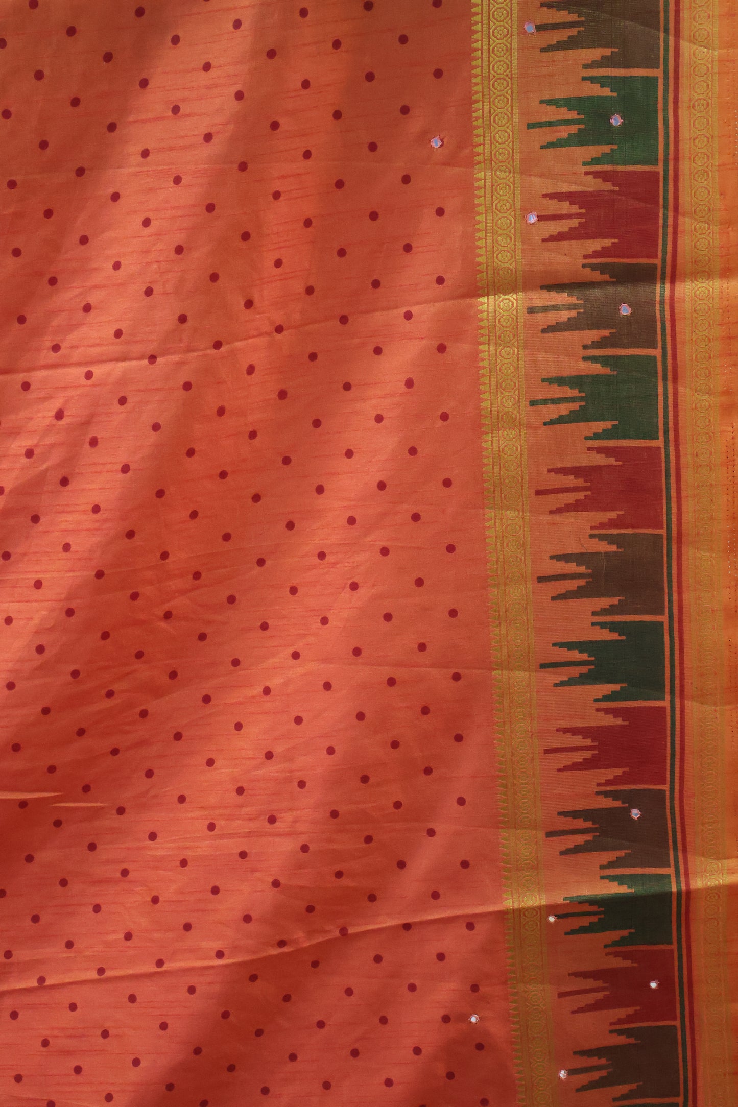 Semi Tussar Saree -Orange Temple Tower Border