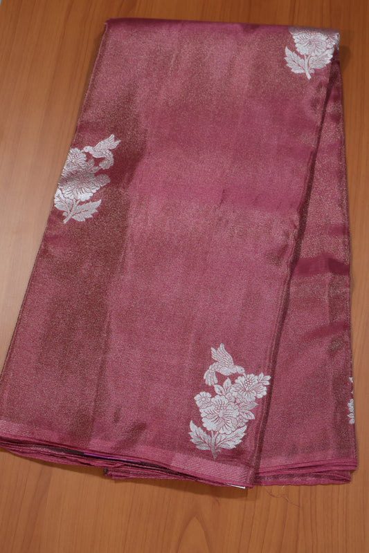 Tissue Silk Saree- Pink Silver Floral Accent