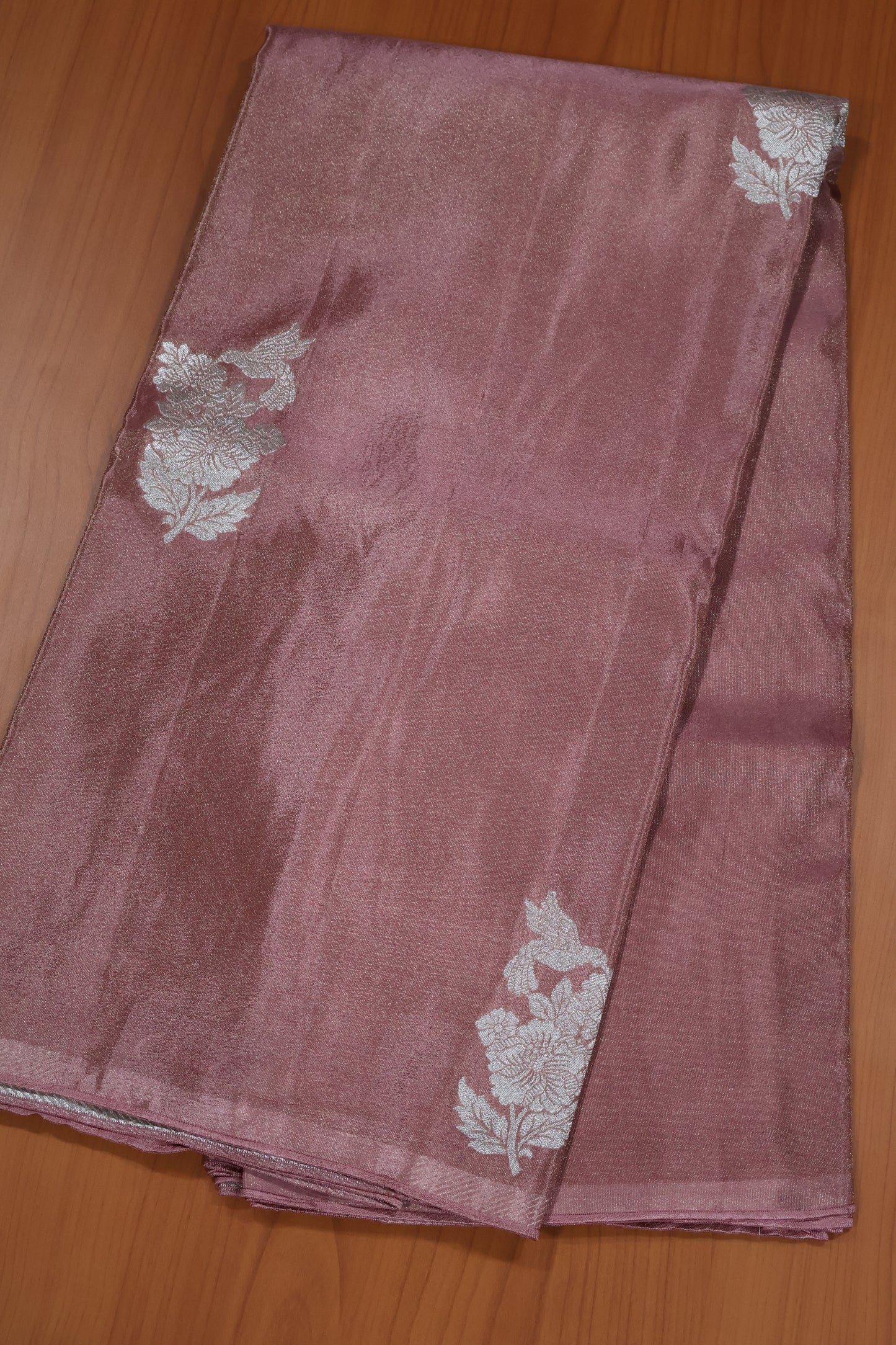 Tissue Silk Saree- Onion Pink Silver Floral Accent