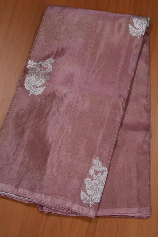Tissue Silk Saree- Onion Pink Silver Floral Accent