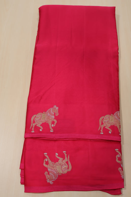 Banarasi Crepe Saree Horse Work -Rani Pink