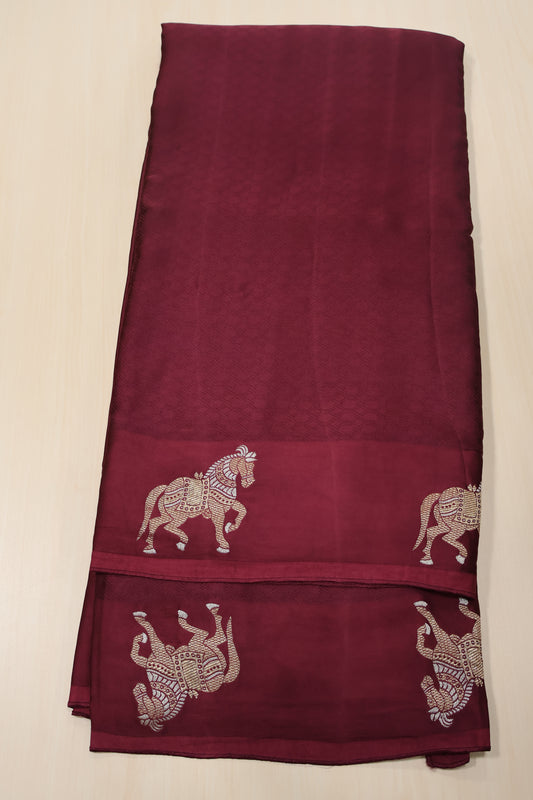 Banarasi Crepe Saree Horse Work -Maroon