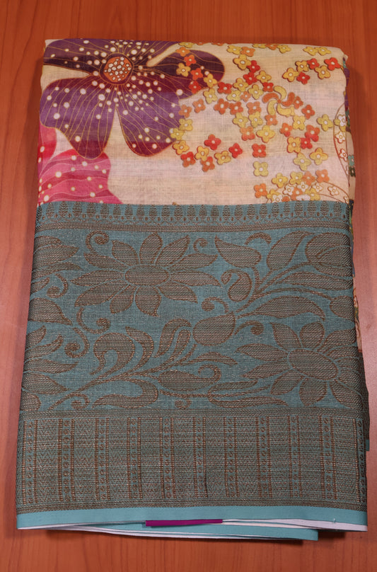Linen Chanderi Saree-Sea Green Big Border