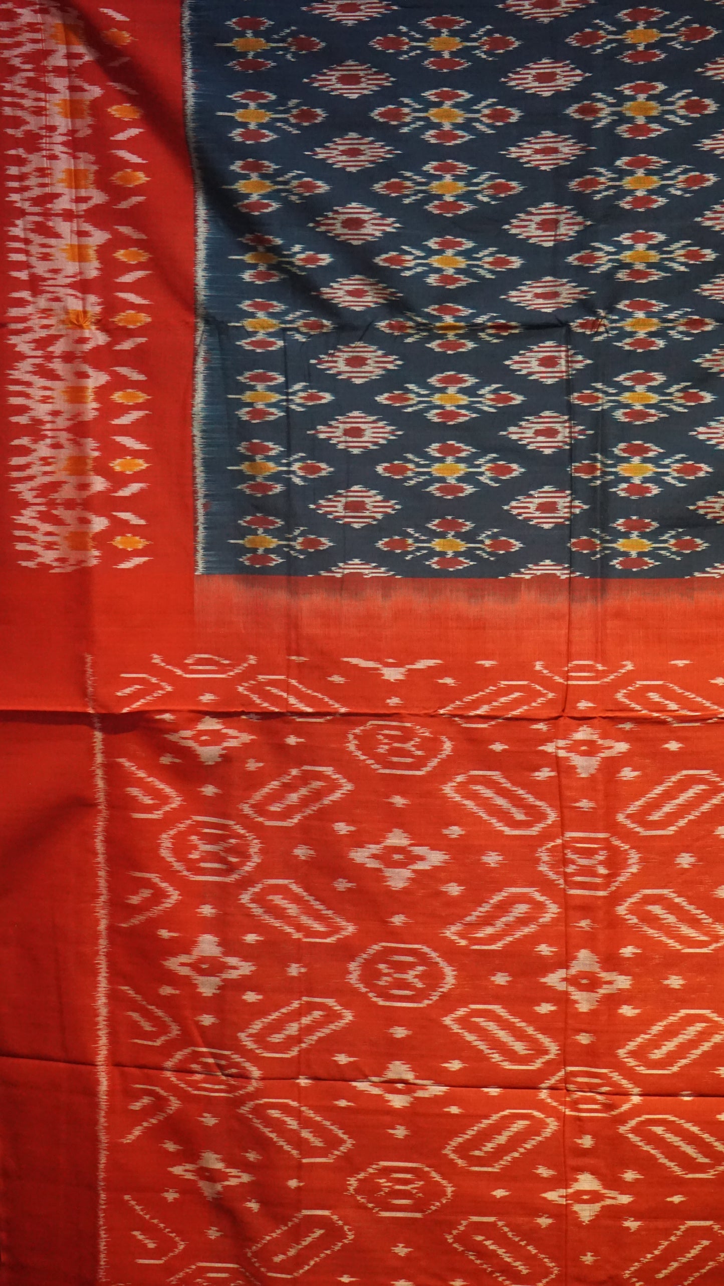 Pochampally Cotton double Ikkat Saree Navy Blue - Red