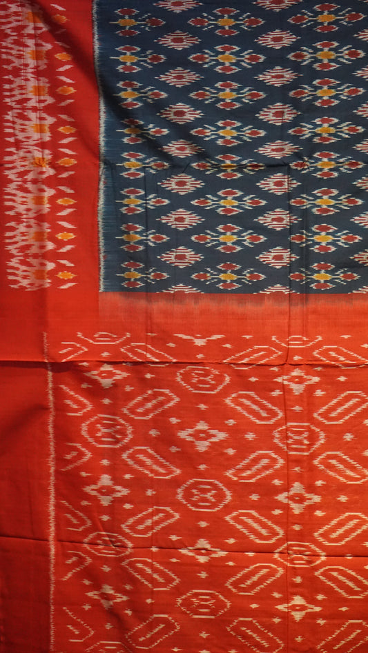 Pochampally Cotton double Ikkat Saree Navy Blue - Red