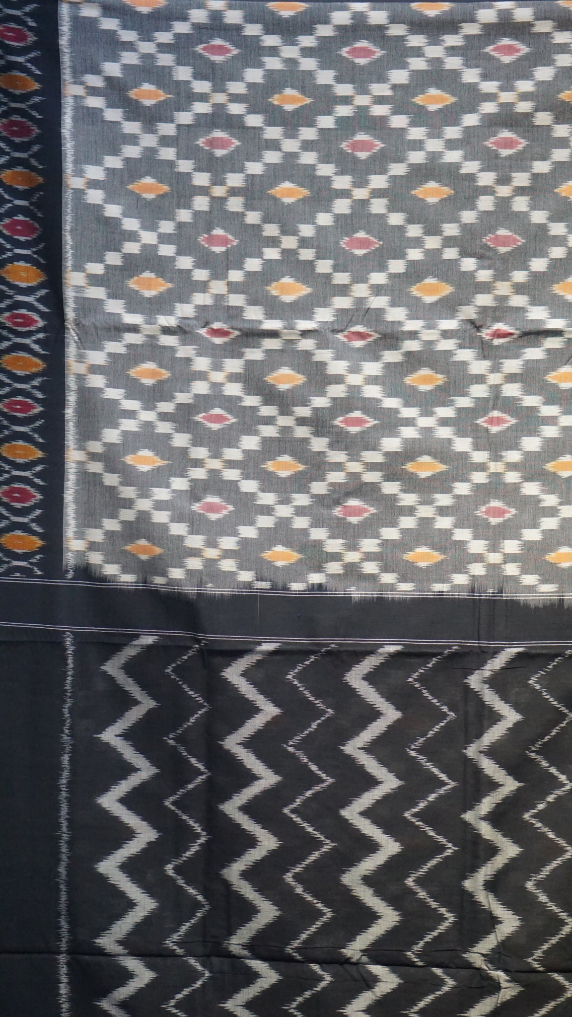 Pochampally Cotton double Ikkat Saree Grey - Black