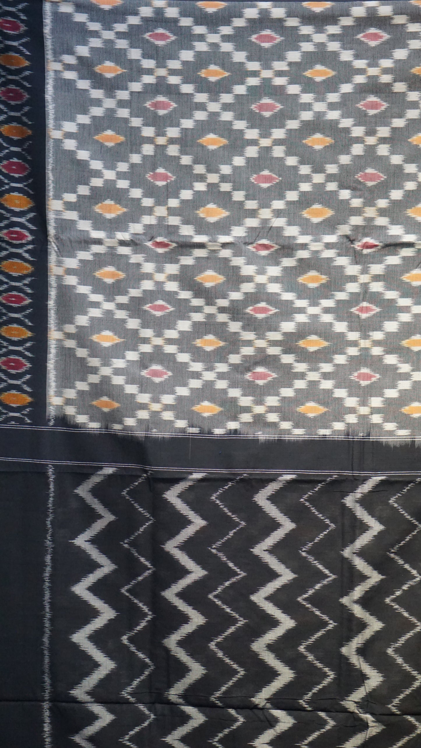 Pochampally Cotton double Ikkat Saree Grey - Black