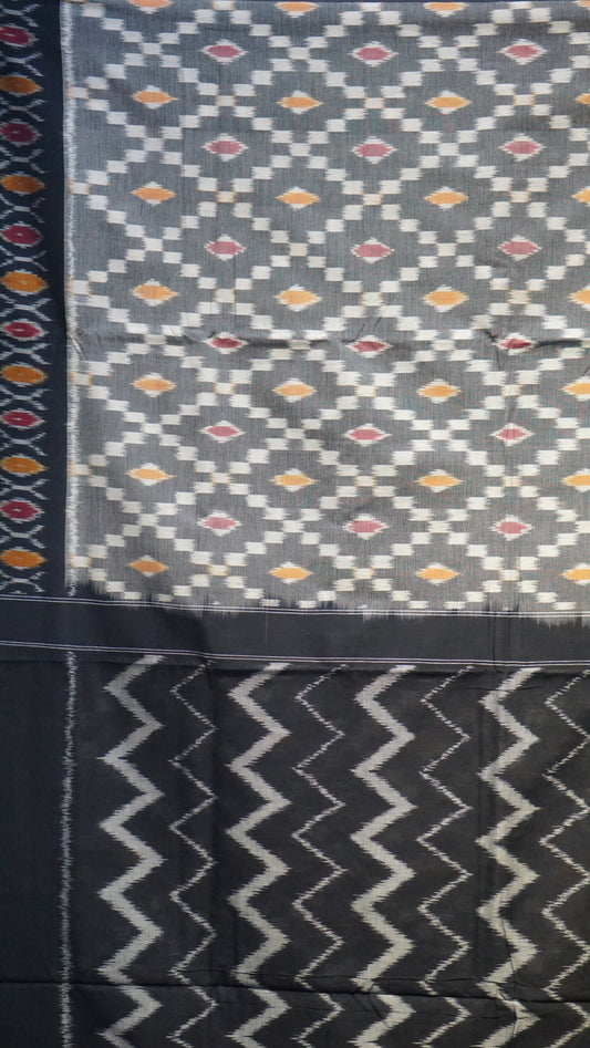 Pochampally Cotton double Ikkat Saree Grey - Black
