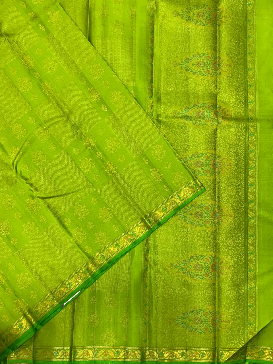 Pure Kanchipuram Silk Saree-Light Green With Meenakari Work and Small Border