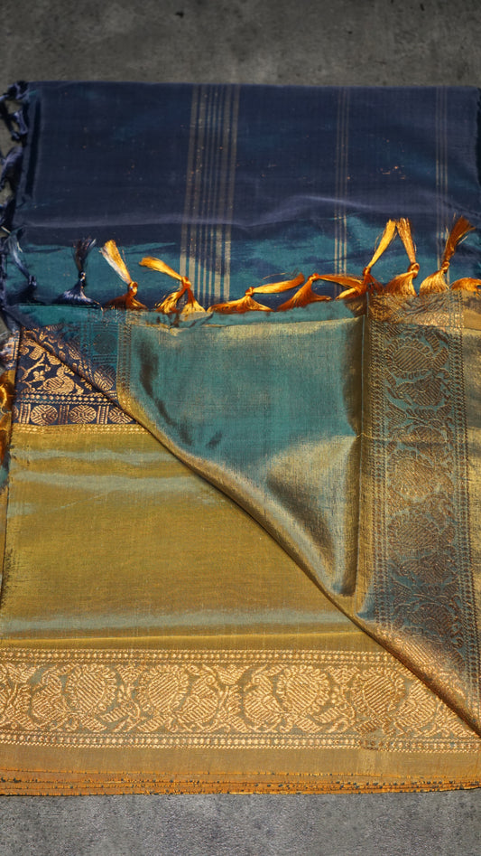 Vazhai Naaru Pattu Saree Vanasingaram Peacock Blue - Yellow