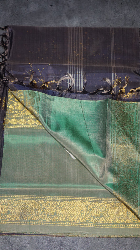 Vazhai Naaru Pattu Saree Vanasingaram Greyish Wine - Light Green